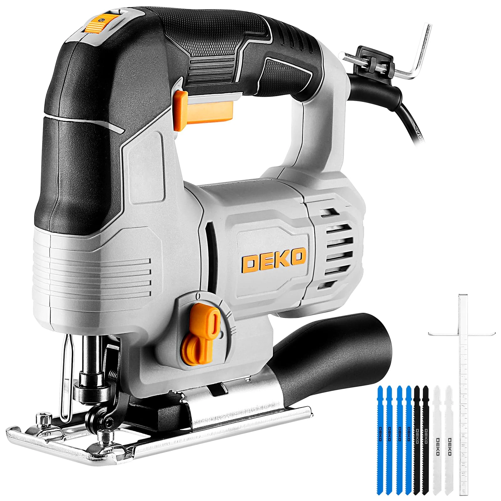 Electric Jigsaw Tool: DEKOPRO 550W Power Jig Saws Jigsaws Wood Cutter Machine, 6 Variable Speed 800-3000 SPM with LED, ±45°Bevel Cutting Cut Blades, with 8 PCS Sawblades for Wood, Metal, Plastic