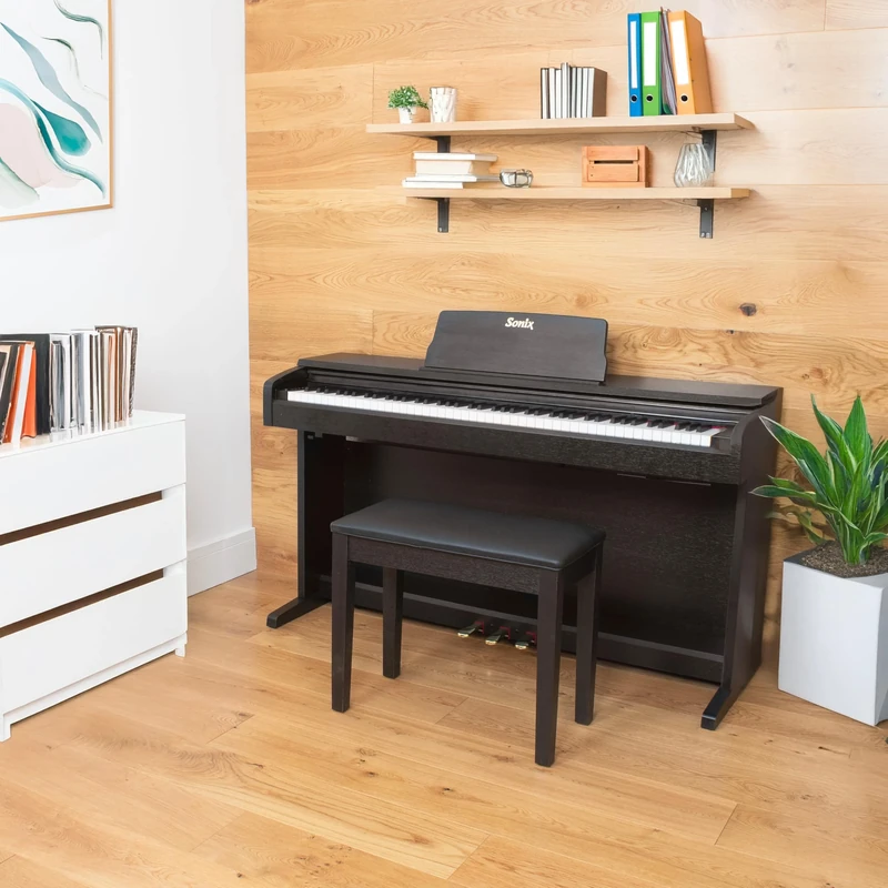 Sonix SXP9 digital piano in rosewood satin piano style cabinet, with 88 fully weighted keys, ivory feel, 3 pedals, Bluetooth, 32 instrument voices and onboard record facility