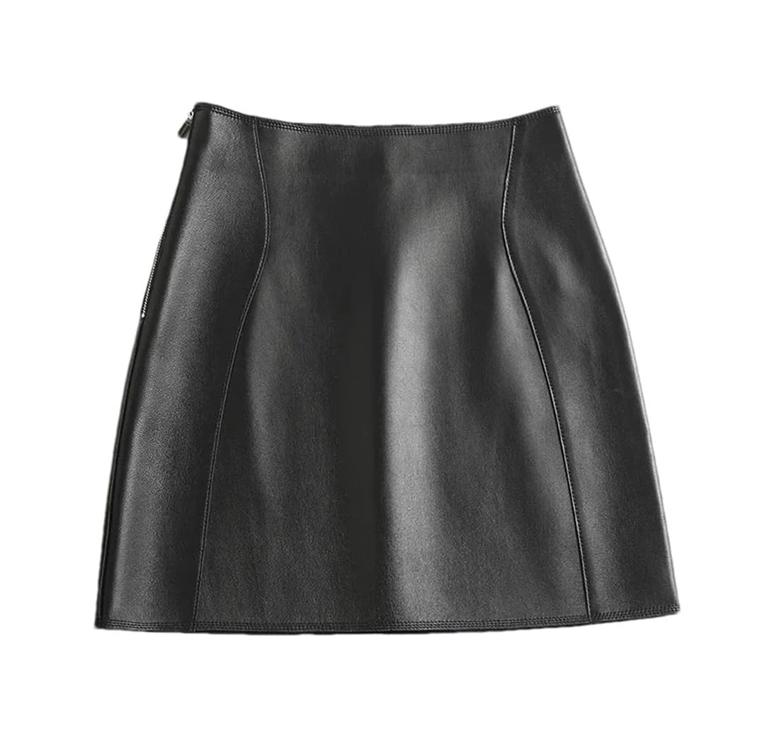 Women High Waist Leather Short Skirt Solid Sexy A-Line Mini Skirt Clubwear Office Leather Skirt Black XL(12)
