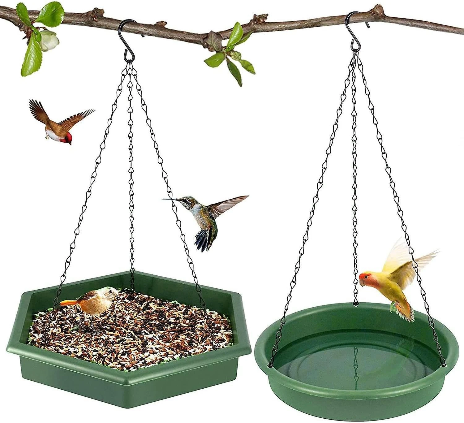 Garden Mile Set of 2 Hanging Bird Feeders for Outdoors | Durable Plastic Bird Bath & Feeder 2-in-1 with Suet, Fat Balls, Peanuts | Wild Birds Feeder Ideal for Garden, Window, or Squirrel Station