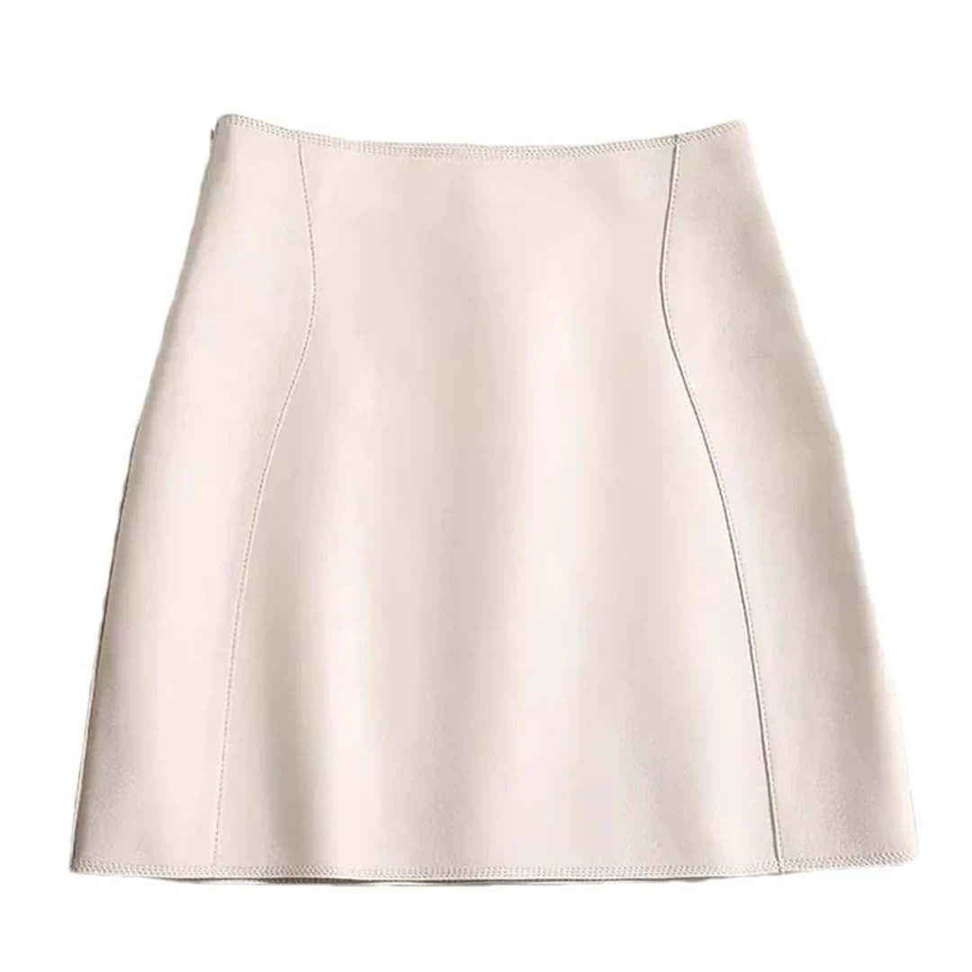 Women High Waist Leather Short Skirt Solid Sexy A-Line Mini Skirt Clubwear Office Leather Skirt Beige XL(12)