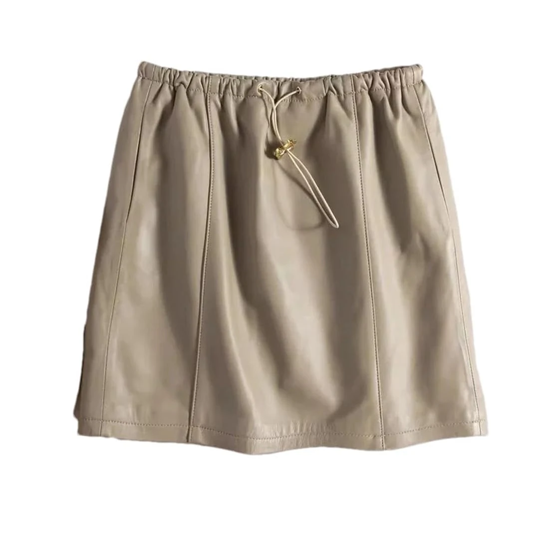 Pulcykp Women Leather Mini Skirthigh Elastic Waist Drawstring Skirt High Street Casual Short Skirt Beige XXL(14)