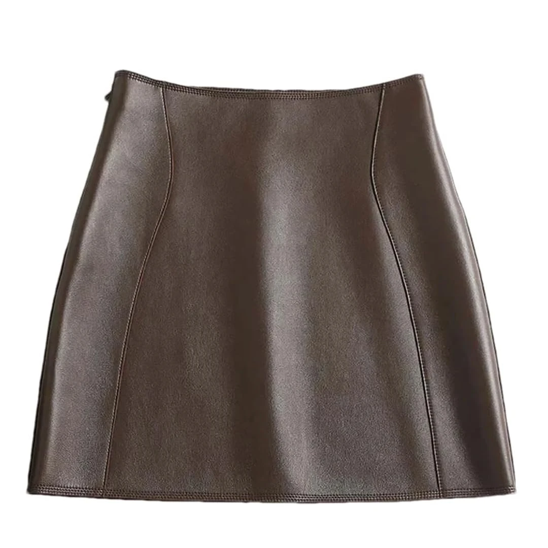 Women High Waist Leather Short Skirt Solid Sexy A-Line Mini Skirt Clubwear Office Leather Skirt Brown1 XL(12)