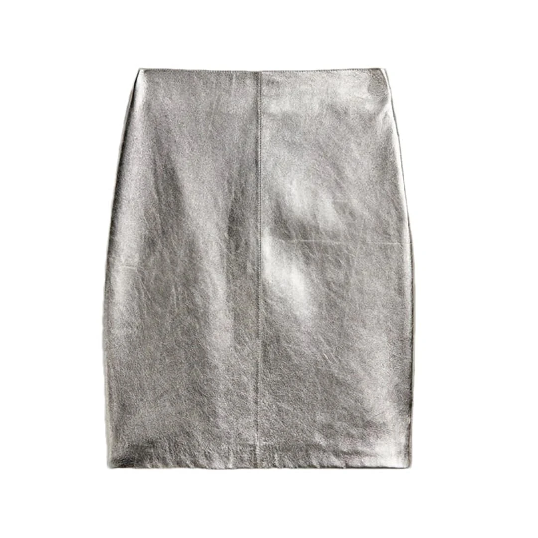 Women Silver Leather Short Skirt High Waist Buttons Retro Pencil Skirt Solid Bright Mini Skirt Silver L