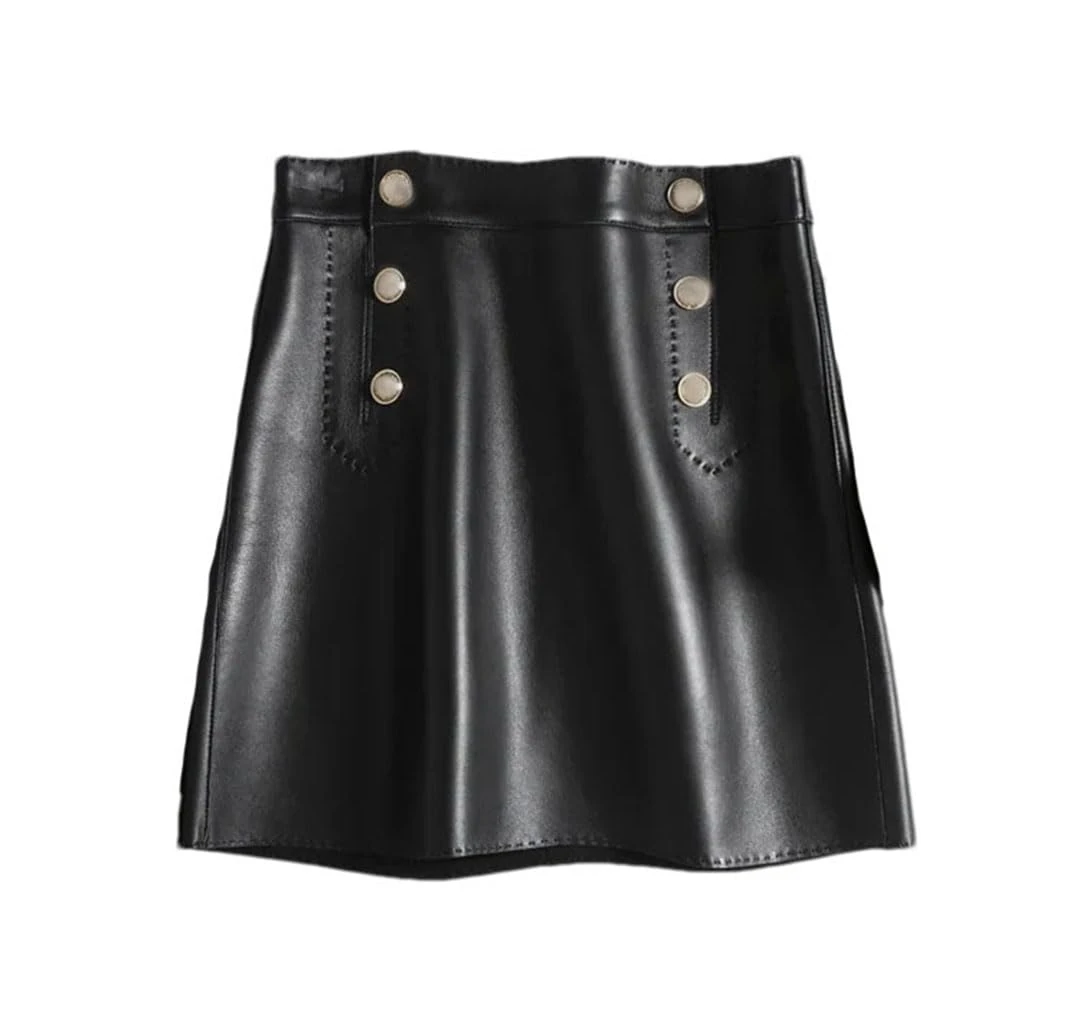 Pulcykp Women Leather Mini Skirts High Waist Wrap Leather Double Breasted Metal Buttons Short Skirt Black XL(12)