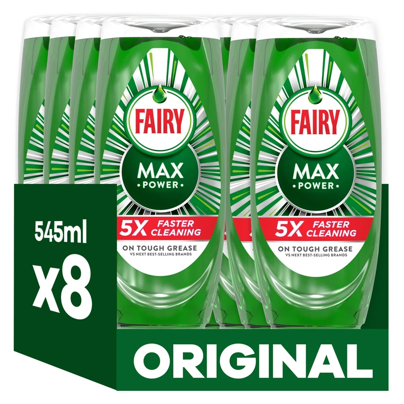 Fairy Max Power Washing Up Liquid Original 8 x 545ML, Easy & Effortless Cleaning, Even On Your Greasiest Pots & Pans