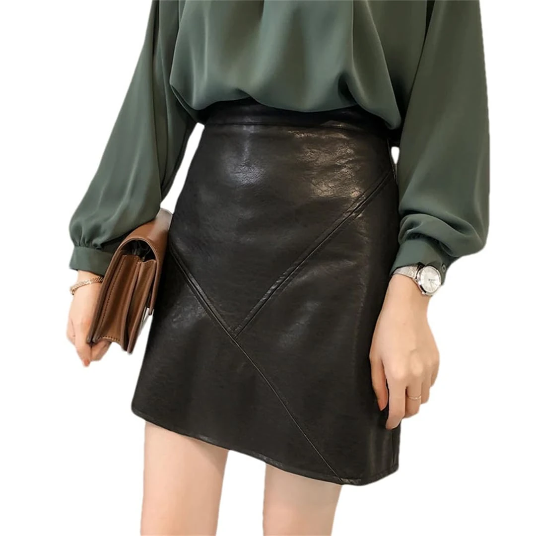 Women Leather Mini Skirts Solid Skinny Leather Short Skirt Slim Pockets Pockets Skirt Black Xs(2)
