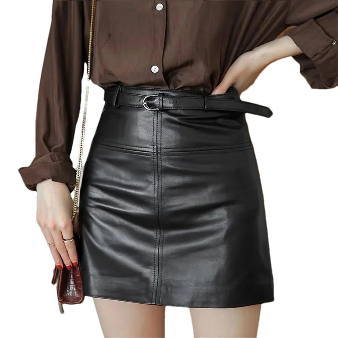 Women Leather Skirt Belt High Waist Slim A-Line Bag Hip Short Skirt Solid Slight Strech Mini Skirt Black L