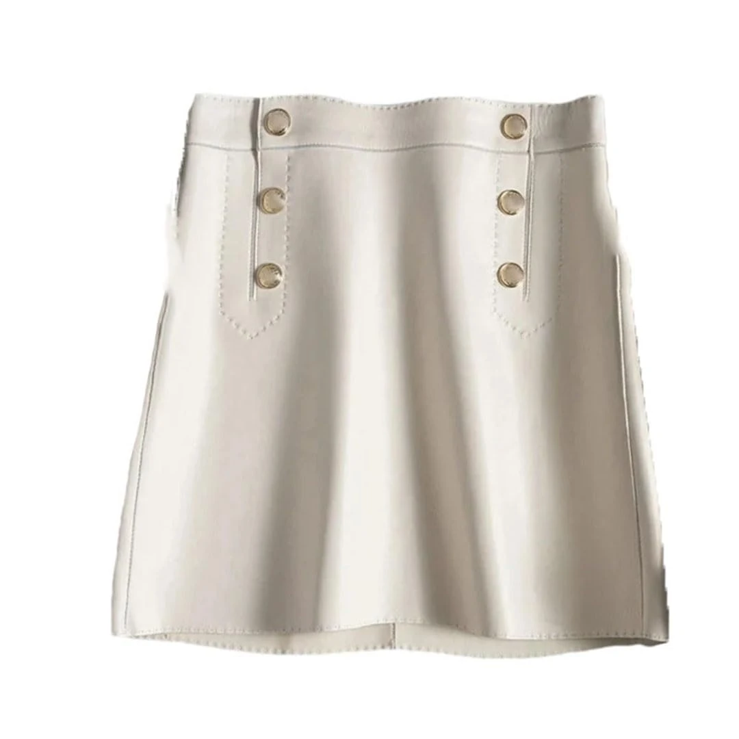 Pulcykp Women Leather Mini Skirts High Waist Wrap Leather Double Breasted Metal Buttons Short Skirt Ivory XL(12)
