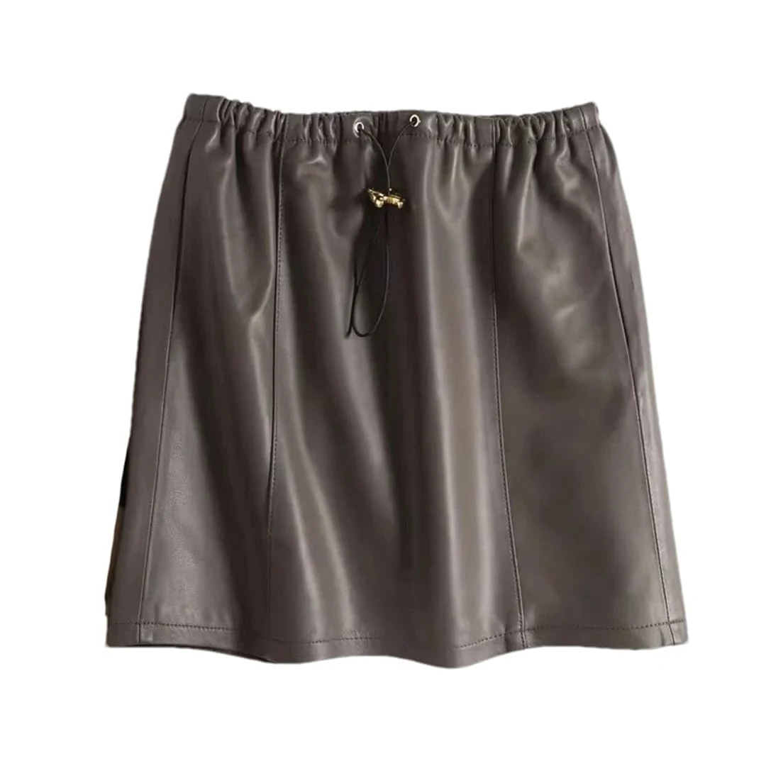 Pulcykp Women Leather Mini Skirthigh Elastic Waist Drawstring Skirt High Street Casual Short Skirt Brown XXL(14)