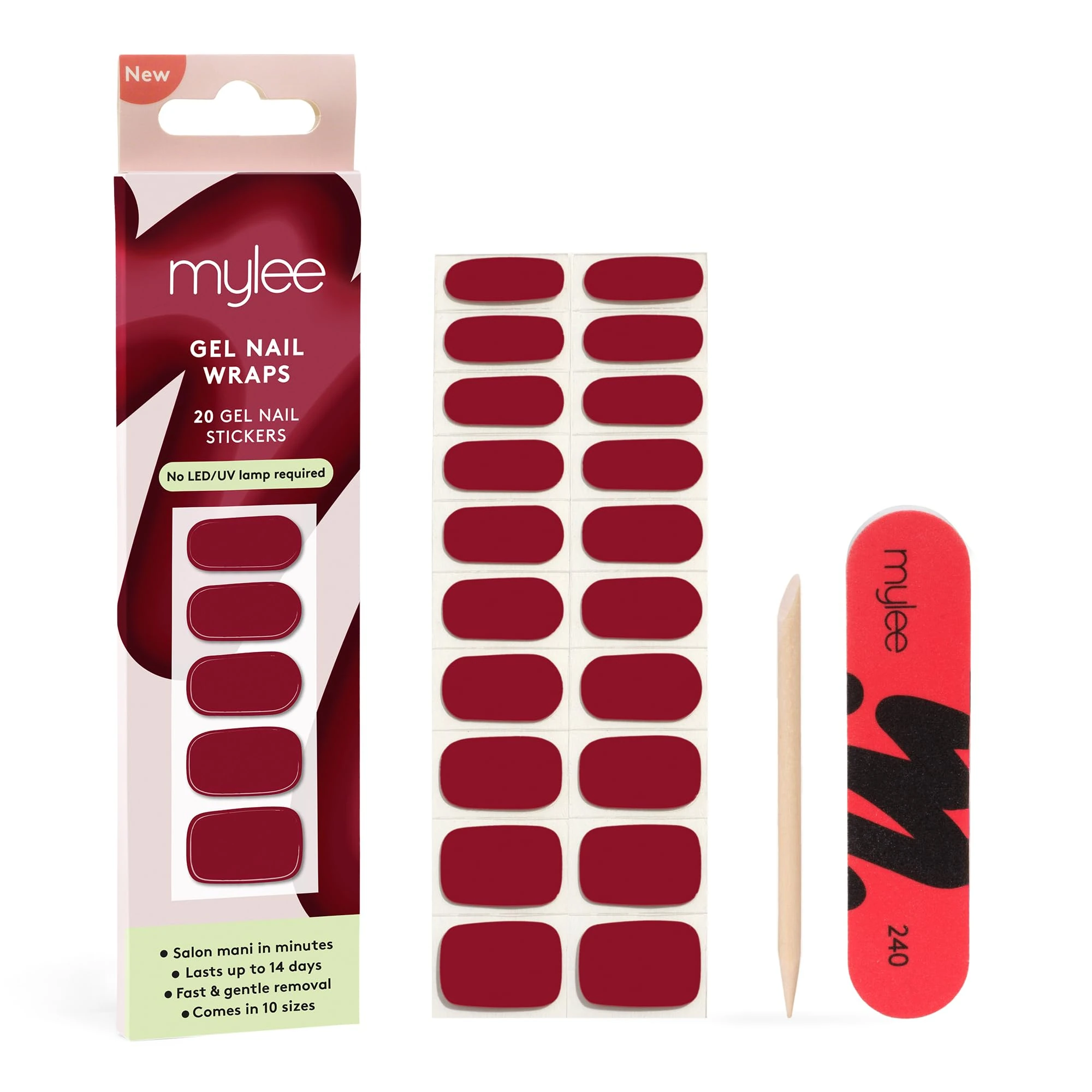 Mylee Gel Nail Wraps – 10 Pre-Cured Gel Stickers for Instant Mani – No Lamp Needed, Chip-Resistant, Glossy Finish, Lasts Up to 14 Days – Easy to Apply, Vegan & Cruelty-Free (0017 - As Red As It Gets)
