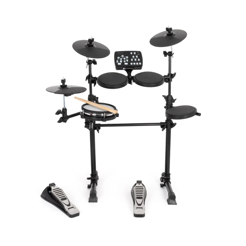 Electronic drum kit with mesh snare head and responsive tom pads, cymbals and hi-hat