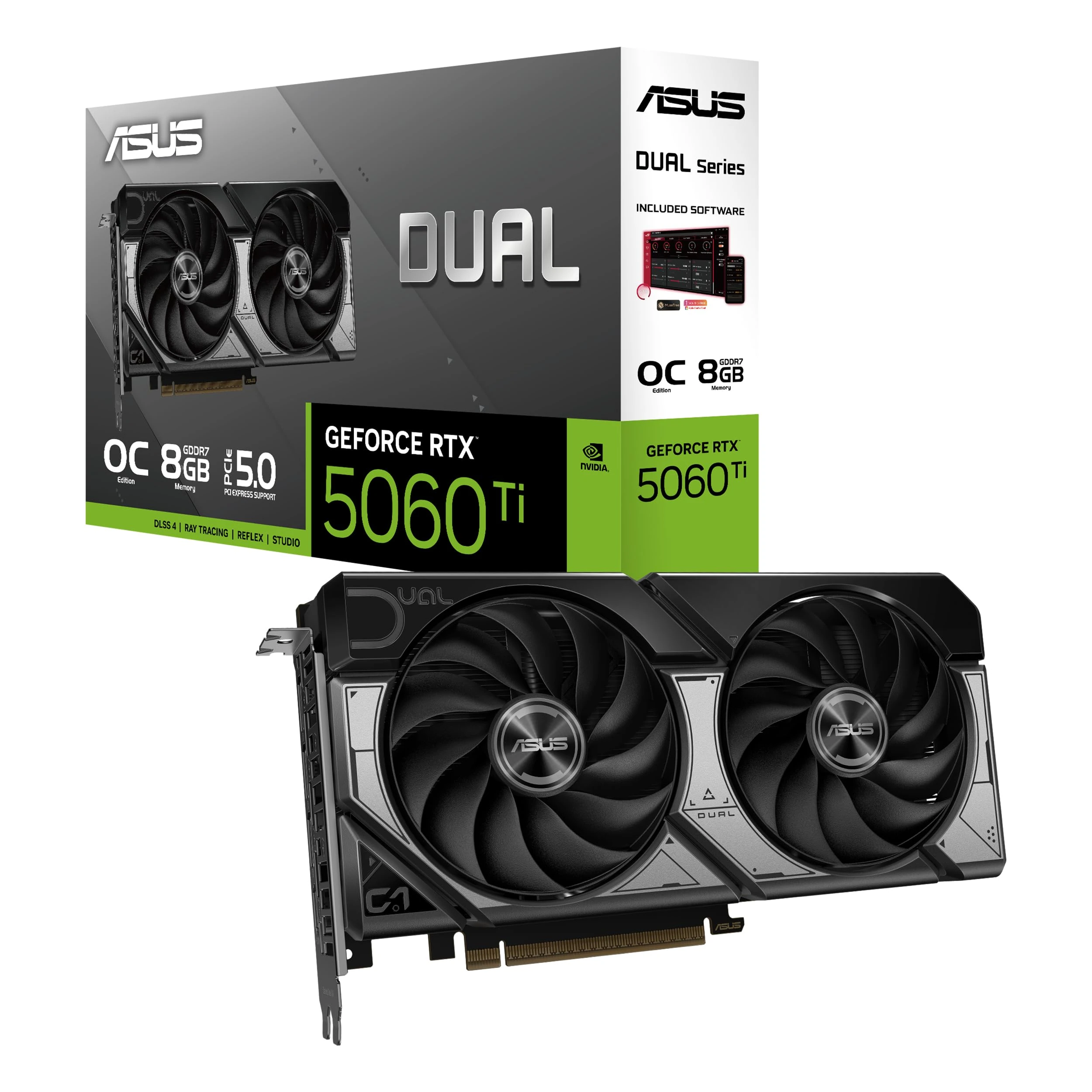 ASUS Dual GeForce RTX 5060 Ti 8GB GDDR7 OC Edition (PCIe 5.0, 8GB GDDR7, DLSS 4, HDMI 2.1b, DisplayPort 2.1b, 2.5-slot design, Axial-tech fan design, 0dB technology, and more)