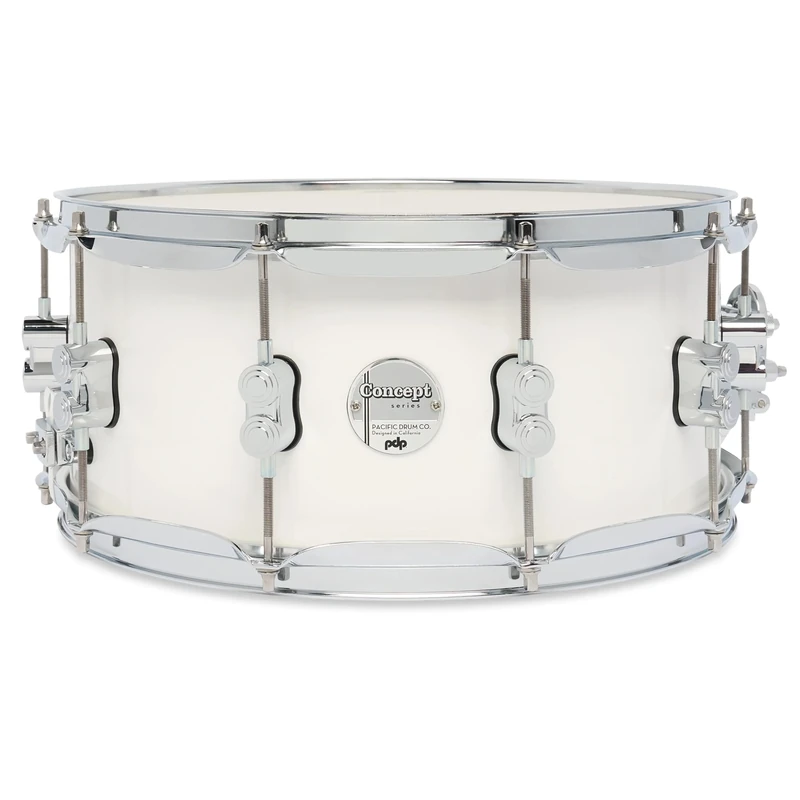 Pacific Drums Concept Maple Snare Drum, 14" x 6.5", Pearlescent White Lacquer | Features a 10-ply European Maple shell and high-end DW drum hardware