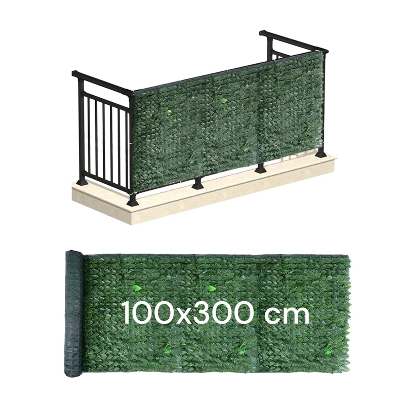 Avilia A001 siepe artificiale Artificial Outdoor Hedge 100 x 300 cm with PVC Lauro Leaves and Shade Net – Privacy Screen for Garden Fence, Railing Cover, Green, 3L x 1l metri