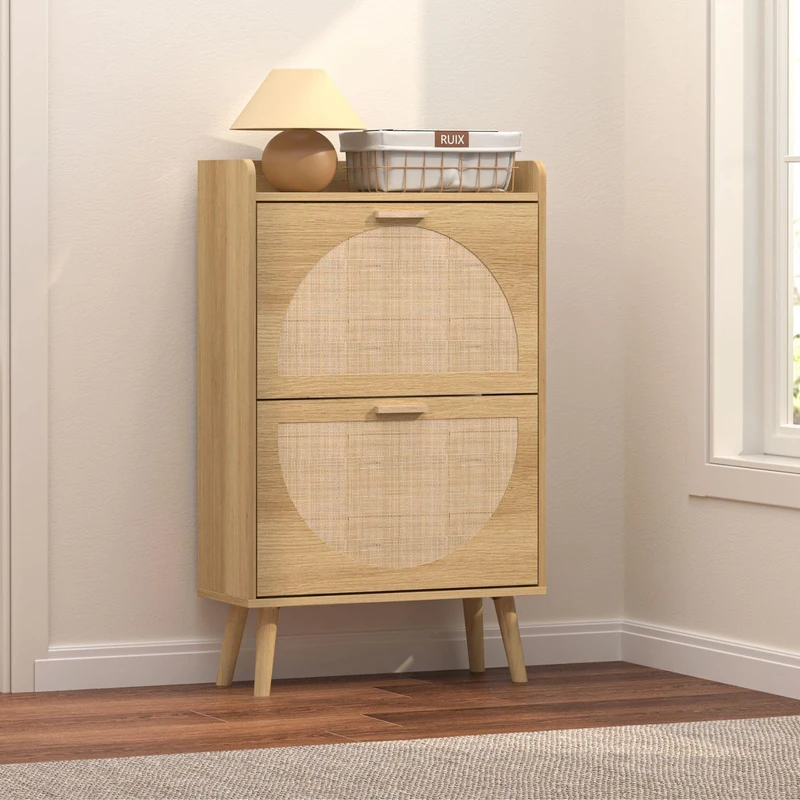 Home Source Shoe Cabinet, 2 Door Storage, Compact Hallway Cupboard Organiser, Rack Stand, Natural Colour, Rustic