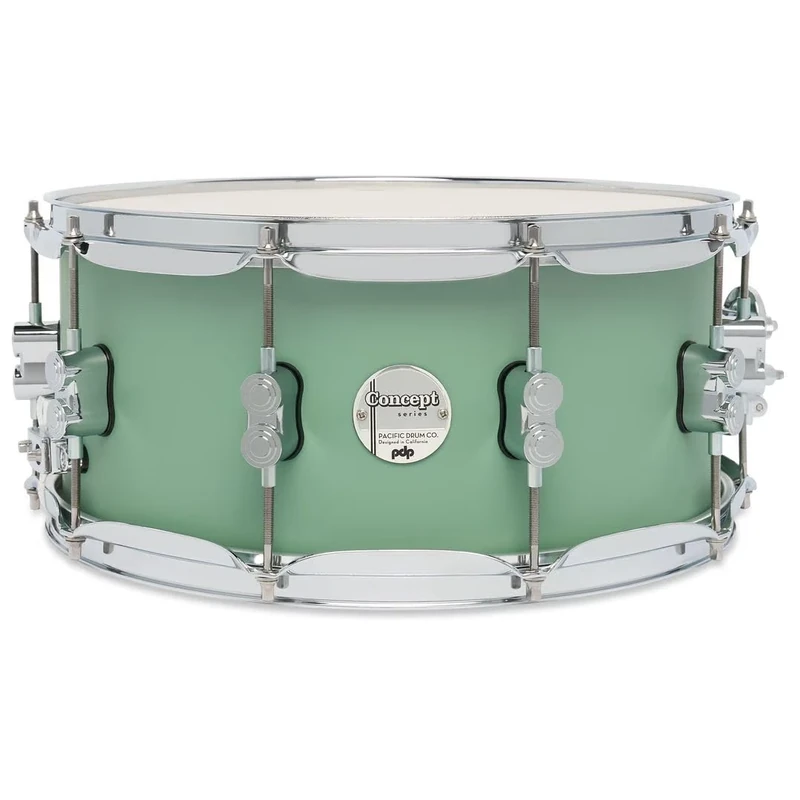 Pacific Drums Concept Maple Snare Drum, 14" x 6.5", Satin Seafoam | Features a 10-ply European Maple shell and high-end DW drum hardware