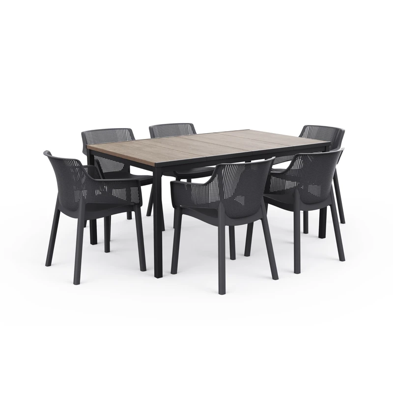Keter Porto Outdoor Dining Table Set | Table + 6 Elisa Chairs | Signature Wood-Look Finish |160cm Steel Frame Table | Ergonomic Stackable Chairs | Weatherproof Resin | 3-Year Guarantee