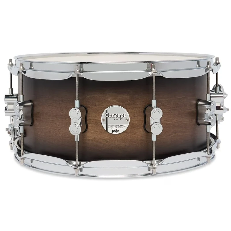 Pacific Drums Concept Maple Snare Drum, 14" x 6.5", Satin Charcoal Burst Lacquer | Features a 10-ply European Maple shell and high-end DW drum hardware