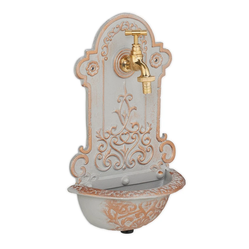 Relaxdays Wall Fountain, Antique Design, Basin & Water Tap, for Garden & Patio, 36 x 22 x 10.5 cm, Cast Iron, Gold/Grey