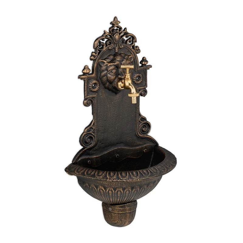 Relaxdays Wall Fountain, Vintage Design, Basin & Water Tap, for Garden & Patio, HWD: 61 x 35 x 18 cm, Cast Iron, Bronze, Brass - Image 1