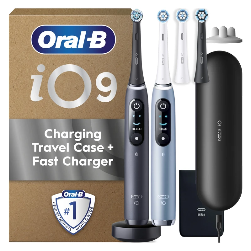 Oral-B iO Series 9 Electric Toothbrush Duo Pack (Black and Aqua Marine), 2 Rechargeable Toothbrushes with 4 Replacement Heads, Charging Travel Case, Charger and Accessories, Designed by Braun