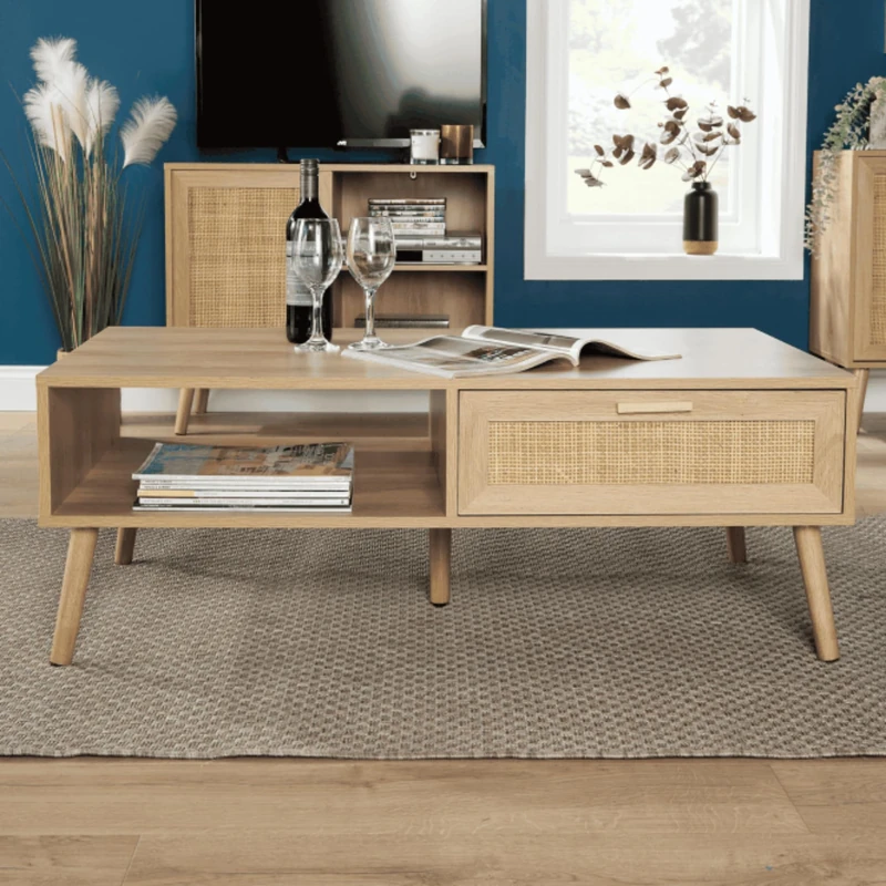 Home Source Coffee Table with Drawer, Rectangular, Solid Frame, Living Room, Natural Colour, Rustic