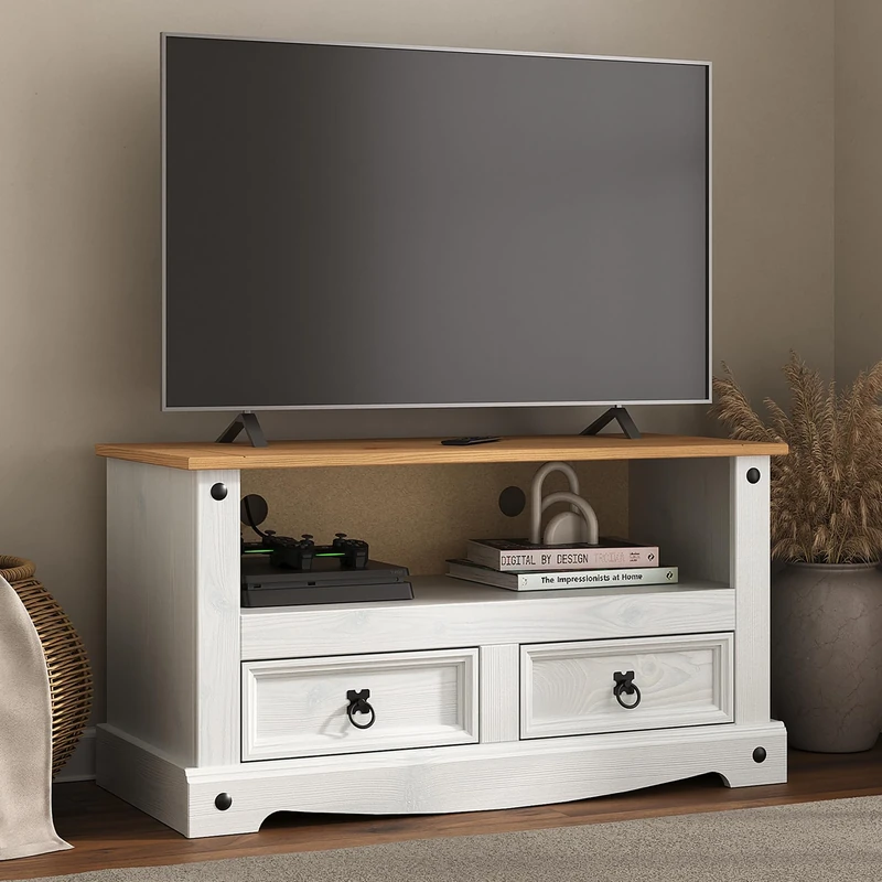 Mews Corona TV Stand Flat Screen 2 Drawer Unit White Solid Pine