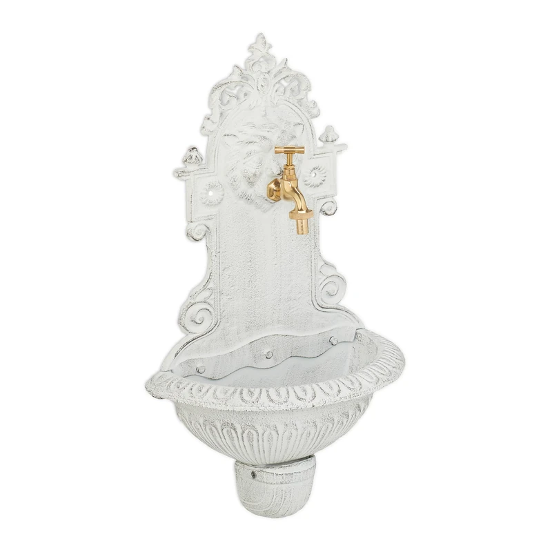 Relaxdays Wall Fountain, Vintage Design, Basin & Water Tap, for Garden & Patio, HWD: 61 x 35 x 18 cm, Cast Iron, White, Brass