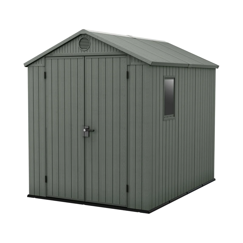 Keter Darwin 6x8ft Outdoor Resin Garden Shed – Green Evotech+ Wood-Look | Waterproof Resin Storage for Tools & Bikes | Double Doors | Lockable | 15 Yr Warranty | Zero Maintenance
