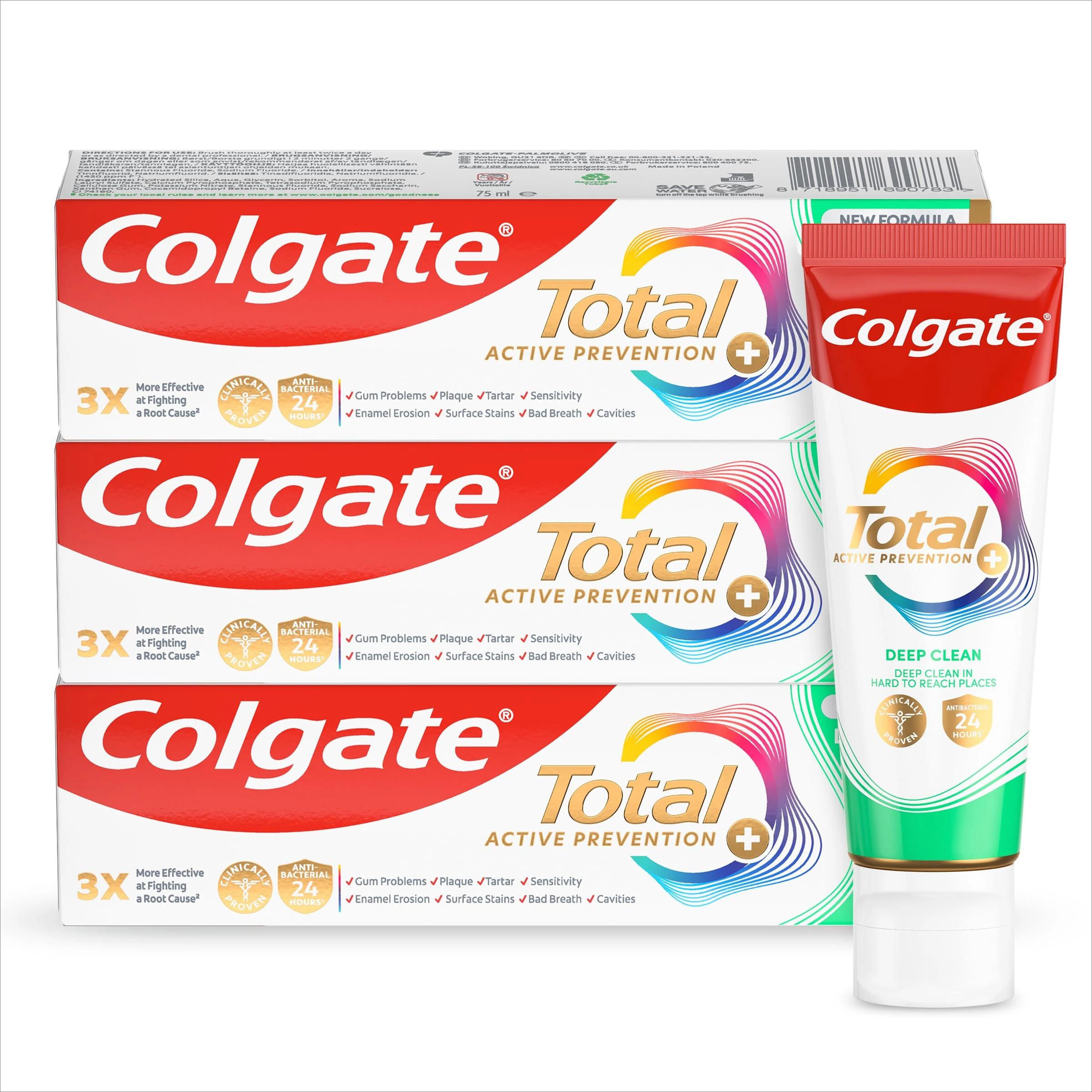 Colgate Total Active Prevention + Deep Clean Toothpaste 75ml x3 Multipack | 3x more effective at fighting a root cause¹ of many oral health problems | 24h antibacterial² protection | clinically proven