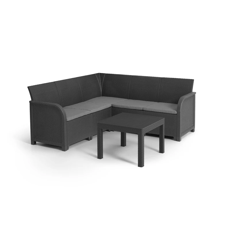 Keter Rosalie 5 Seater Corner Lounge Set | Grey Rattan-Style Resin Garden Furniture | Ergonomic Design with Cushions | Weatherproof & Low Maintenance | Easy Assembly