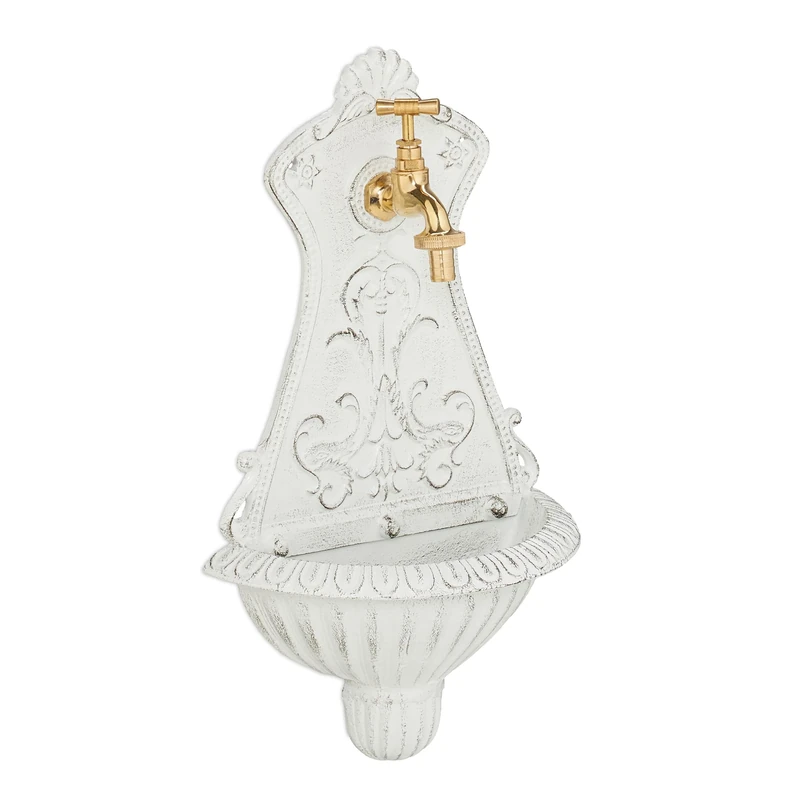 Relaxdays Wall Fountain, Antique Design, Basin & Tap, Water, for Garden & Patio, 42 x 24.5 x 11.5 cm, Cast Iron, White, Brass