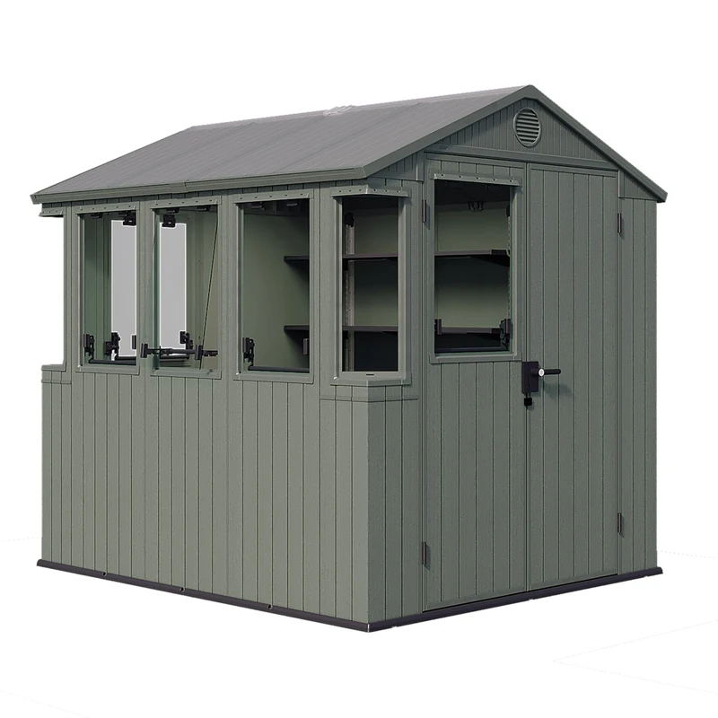 Keter Darwin Potting Shed 6x8ft – Green | Hybrid Roof for Light & Shade | 5 Opening Windows + 2 Fixed | Includes 2 x 160cm Shelves | Evotech+TM Wood-Look Resin | Lockable | 3-Year Guarantee