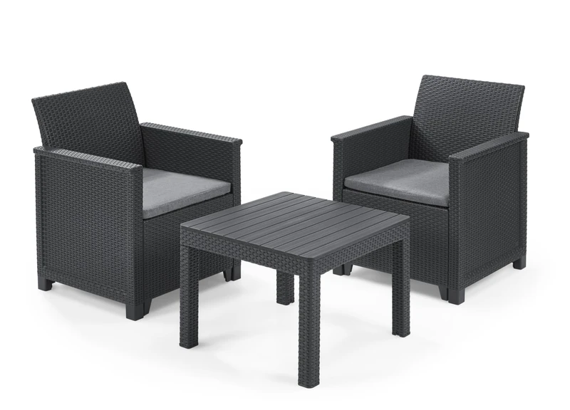 Keter Emma Balcony Set – 2 Flat Wicker-Style Resin Chairs with Cushions & Matching Table | Durable Outdoor Garden Furniture for Patio, Balcony or Conservatory | Easy Assembly - Image 1