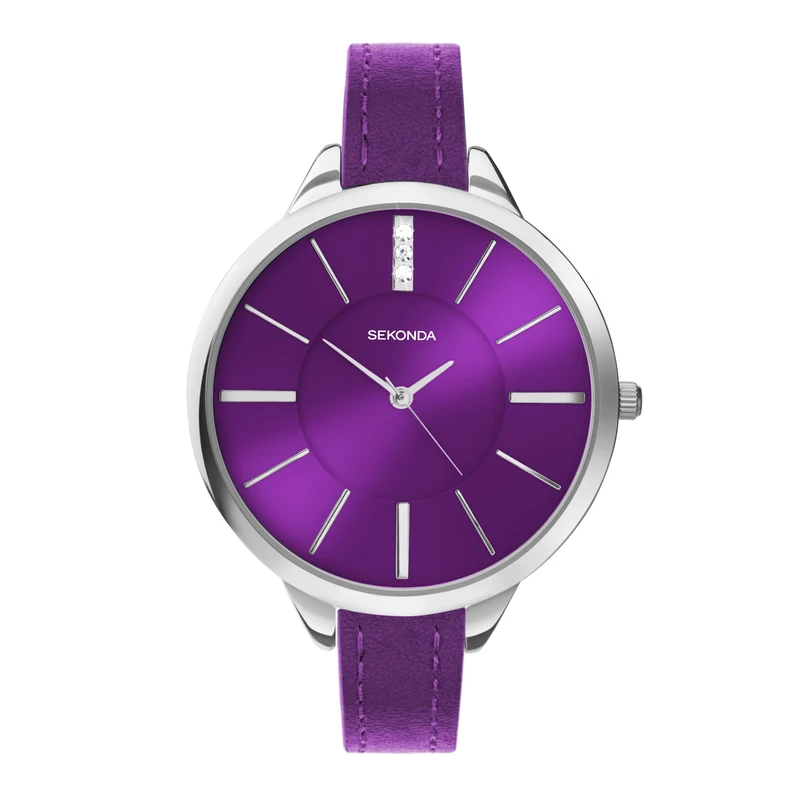 Sekonda Day to Night Ladies 38mm Watch in Silver with Purple PU Strap & Purple Dial