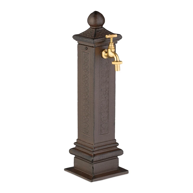 Relaxdays Column Fountain, Garden Water Featue, with Tap, HWD: 47x14x18.5 cm, Standing Patio Ornament, Faucet, Brown
