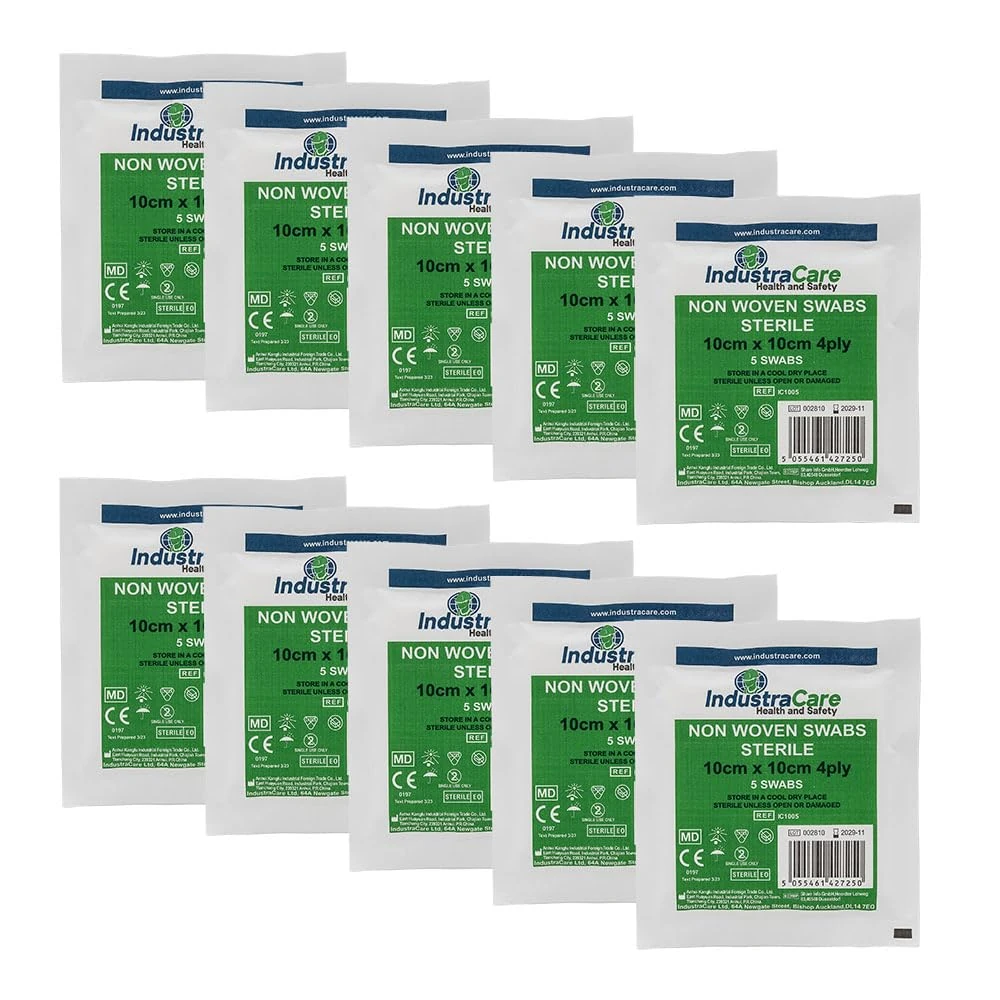 IndustraCare Premium Sterile 4ply Medical First Aid Gauze Swabs 10cm x 10cm - 10 Packs of 5 (50 Swabs)