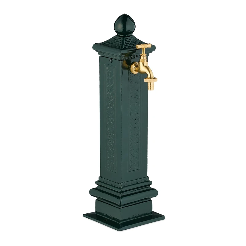 Relaxdays Column Fountain, Garden Water Featue, with Tap, HWD: 47x14x18.5 cm, Standing Patio Ornament, Faucet, Green