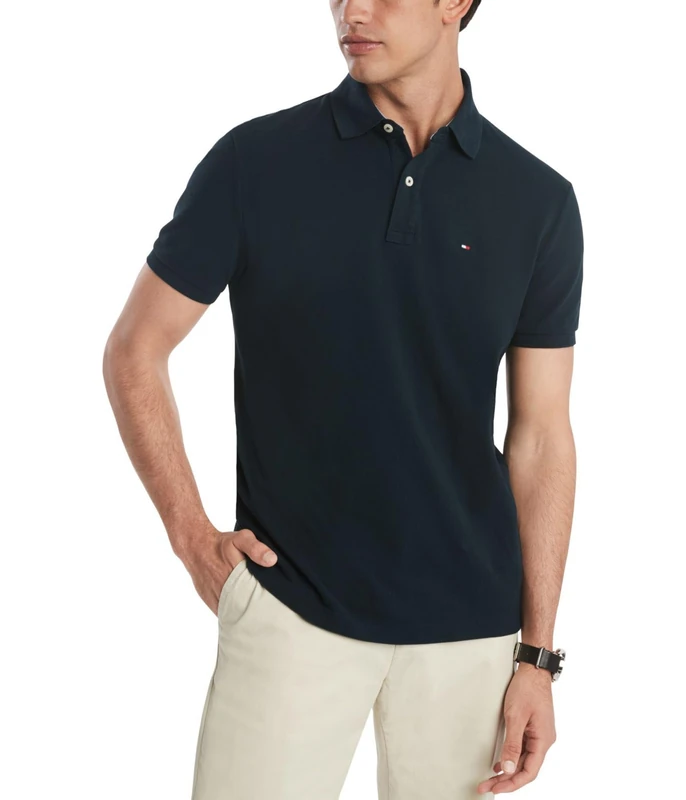 Tommy Hilfiger Men's Short Sleeve Polo Shirts in Regular Fit with Stretch and Organic Pique Cotton, Black, Medium