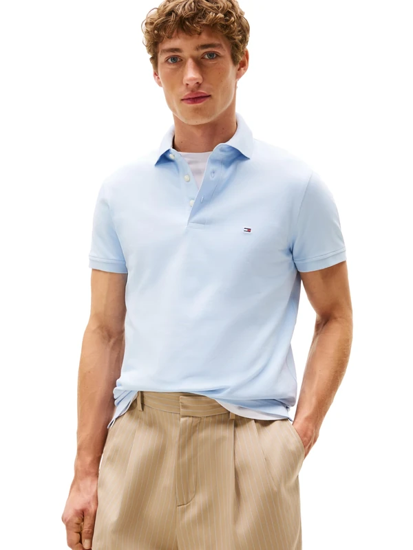 Tommy Hilfiger Men's Short Sleeve Polo Shirts in Slim Fit with Stretch and Organic Pique Cotton, Breezy Blue, Large