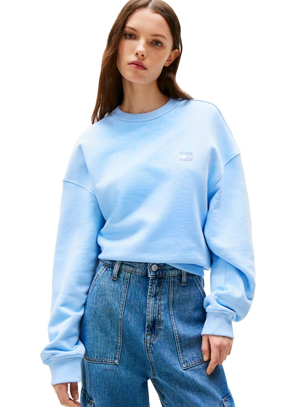 Tommy Jeans Women's Medium Weight Pullover Crewneck with Embroidered Flag Logo, Light Powdery Blue Tonal, Medium - Image 1