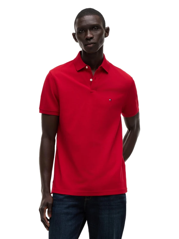 Tommy Hilfiger Men's Short Sleeve Polo Shirts in Regular Fit with Stretch and Organic Pique Cotton, Medium Red, XL