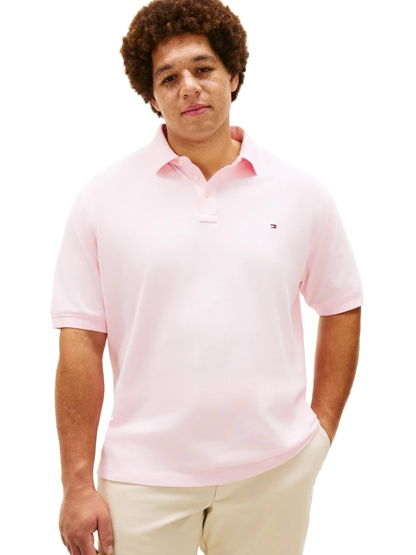 Tommy Hilfiger Men's Short Sleeve Polo Shirts in Regular Fit with Stretch and Organic Pique Cotton, Pink Lily, Large
