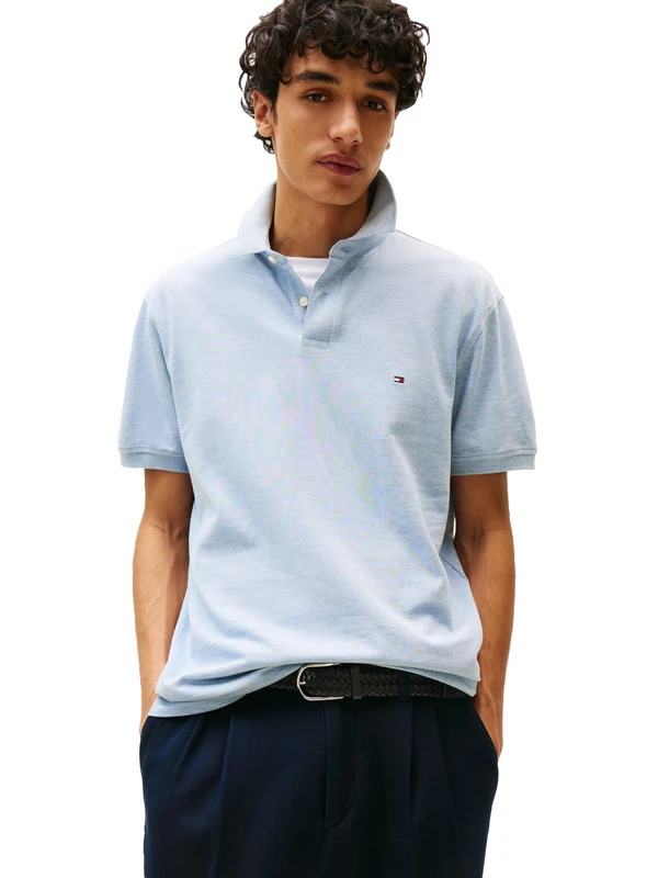 Tommy Hilfiger Men's Short Sleeve Polo Shirts in Classic Fit with Stretch and Organic Pique Cotton, Heathered Blue Bros, XL - Image 1