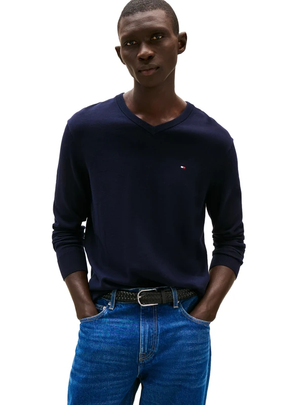Tommy Hilfiger Men's Cotton Solid V Neck Sweater Lightweight Pullover, Desert Sky, Medium - Image 1