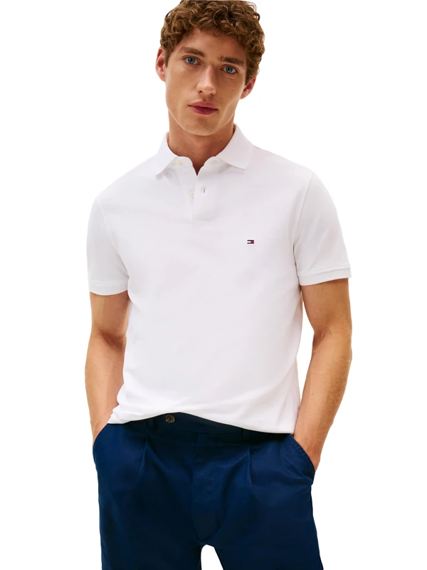Tommy Hilfiger Men's Short Sleeve Polo Shirts in Regular Fit with Stretch and Organic Pique Cotton, White, XL