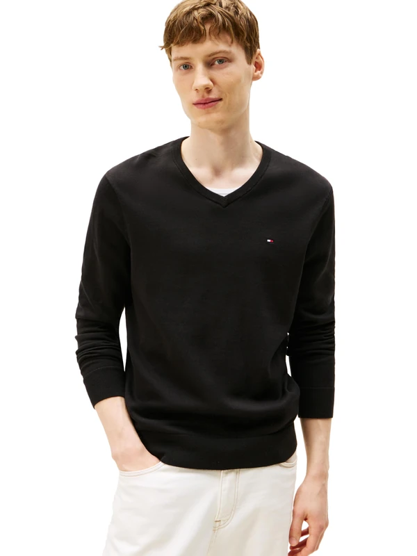 Tommy Hilfiger Men's Cotton Solid V Neck Sweater Lightweight Pullover, Black, Large