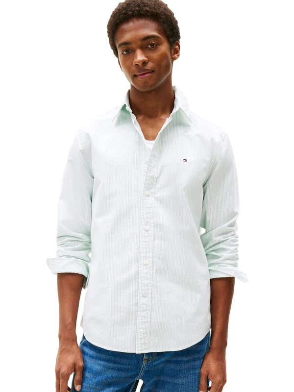 Tommy Hilfiger Long Sleeve Oxford Regular Fit, Men's Button Down Shirts, Also Available in Big and Tall, Fort Green/White, XL