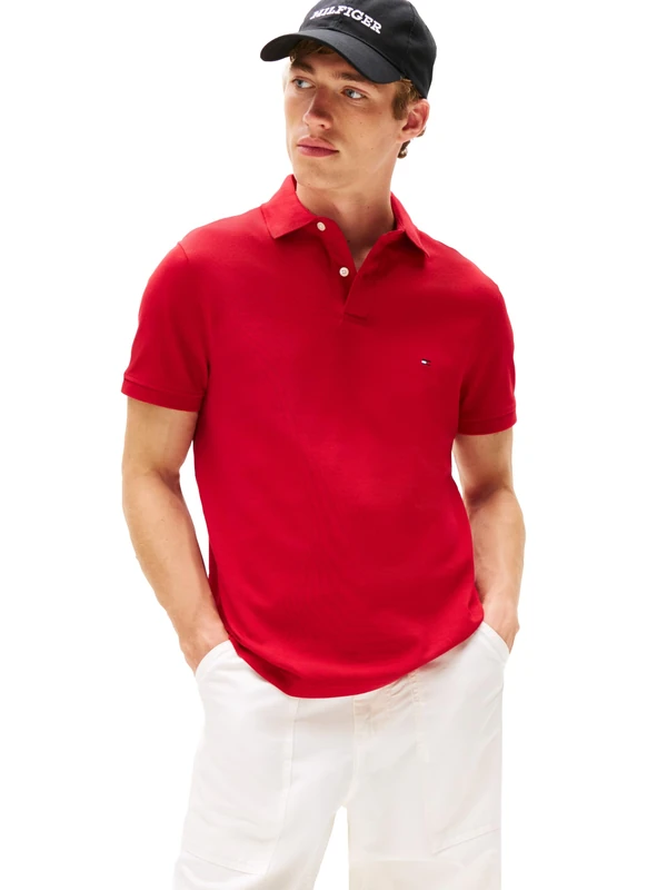 Tommy Hilfiger Men's Short Sleeve Polo Shirts in Regular Fit with Stretch and Organic Pique Cotton, Medium Red, Large